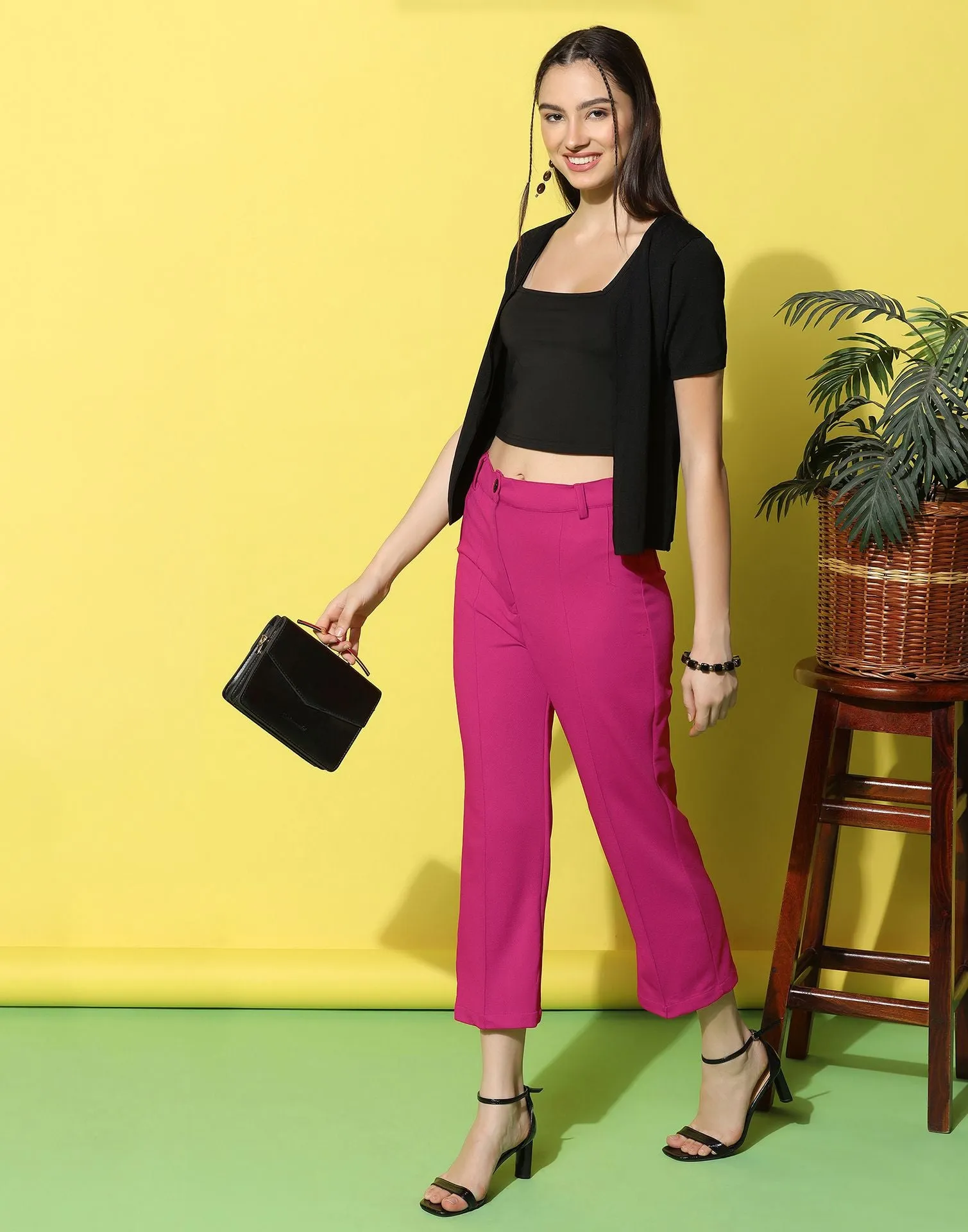 Fuchsia Pink Pin Tuck Straight Fit Trouser