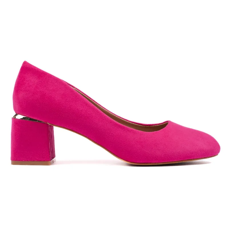 Fuchsia suede high-heeled pumps pink