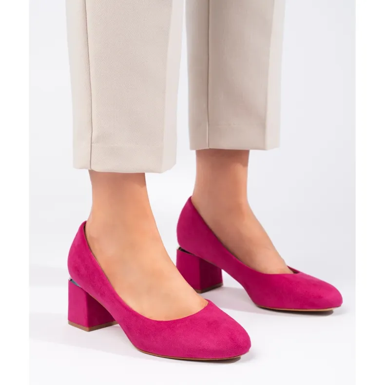 Fuchsia suede high-heeled pumps pink