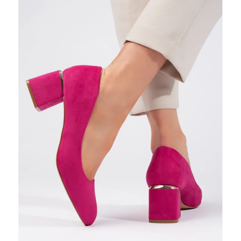 Fuchsia suede high-heeled pumps pink