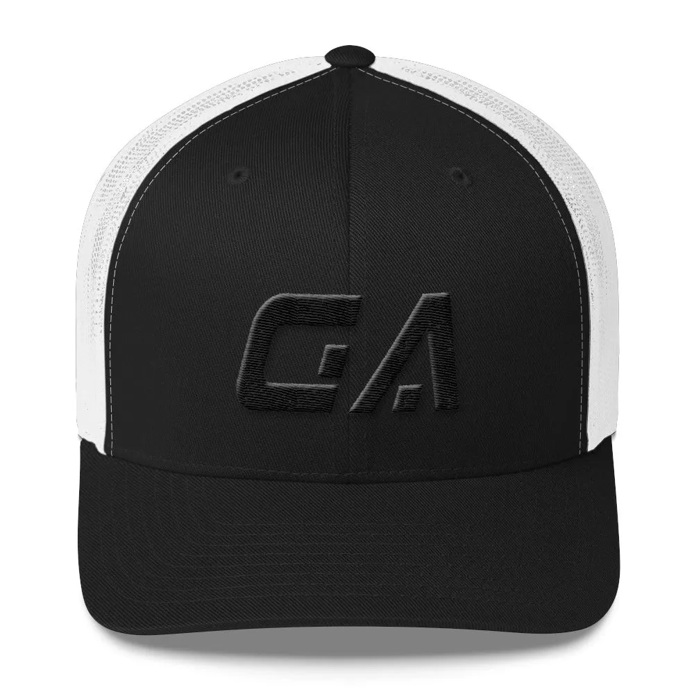 Georgia - Mesh Back Trucker Cap - Black Embroidery - GA - Many Hat Color Options Available