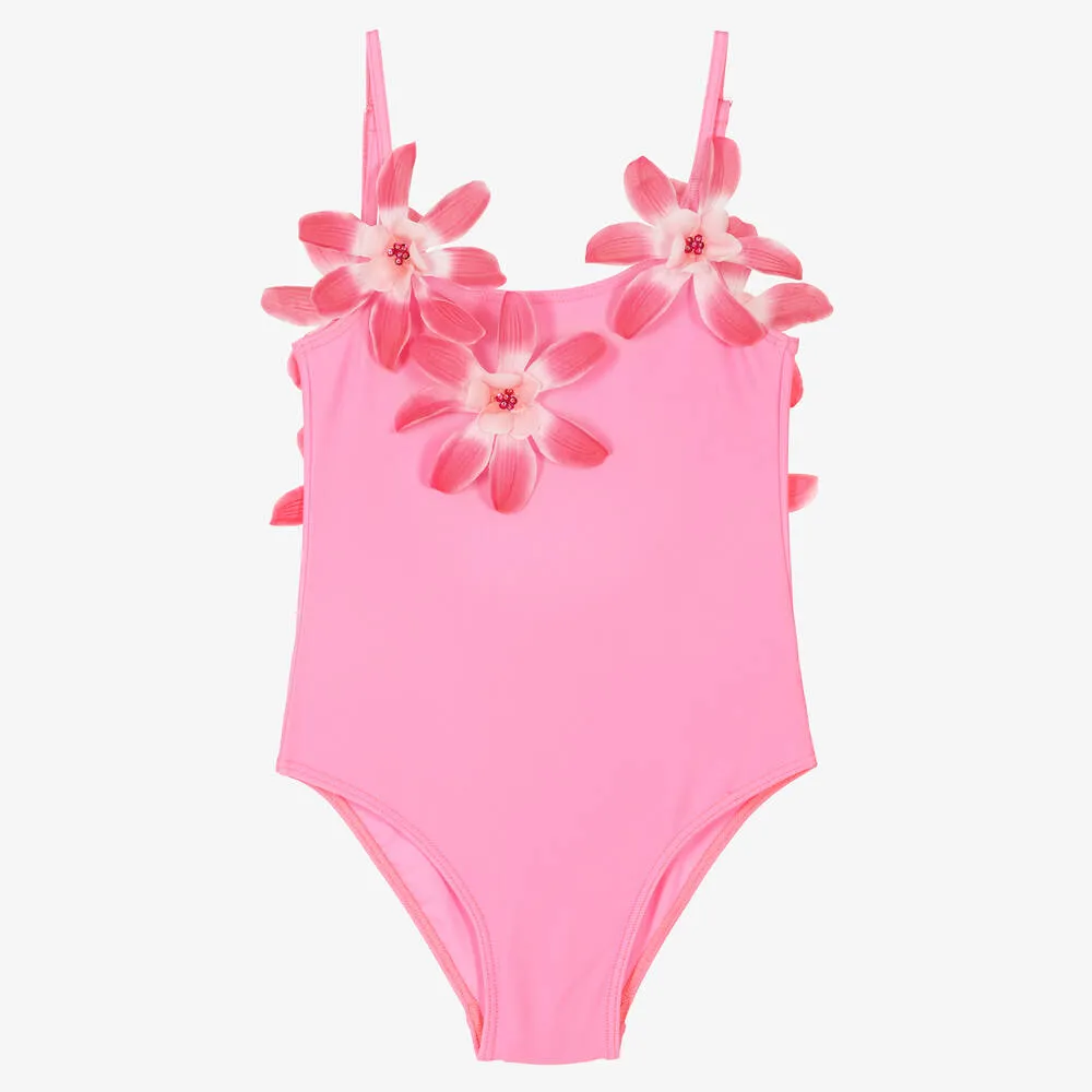 Girls Fuchsia Pink Flower Swimsuit