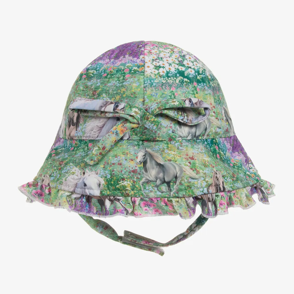 Girls Green & Purple Floral Horse Sun Hat