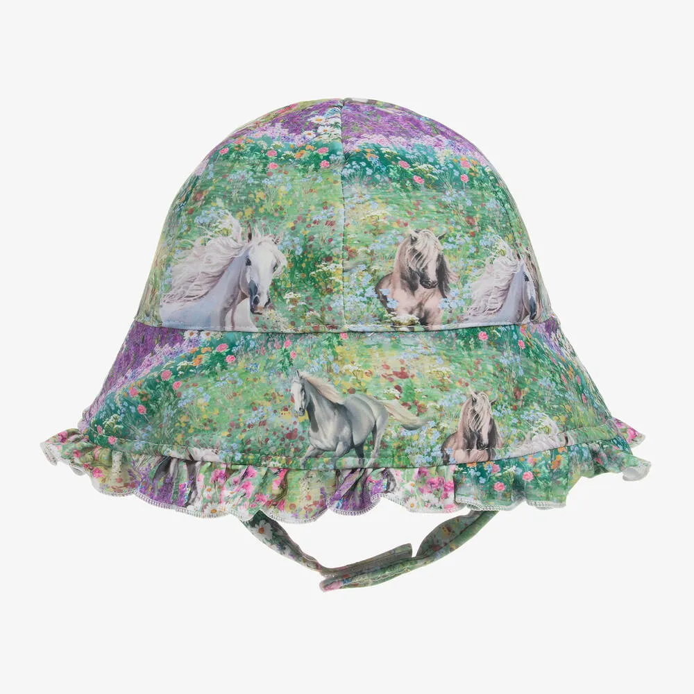 Girls Green & Purple Floral Horse Sun Hat