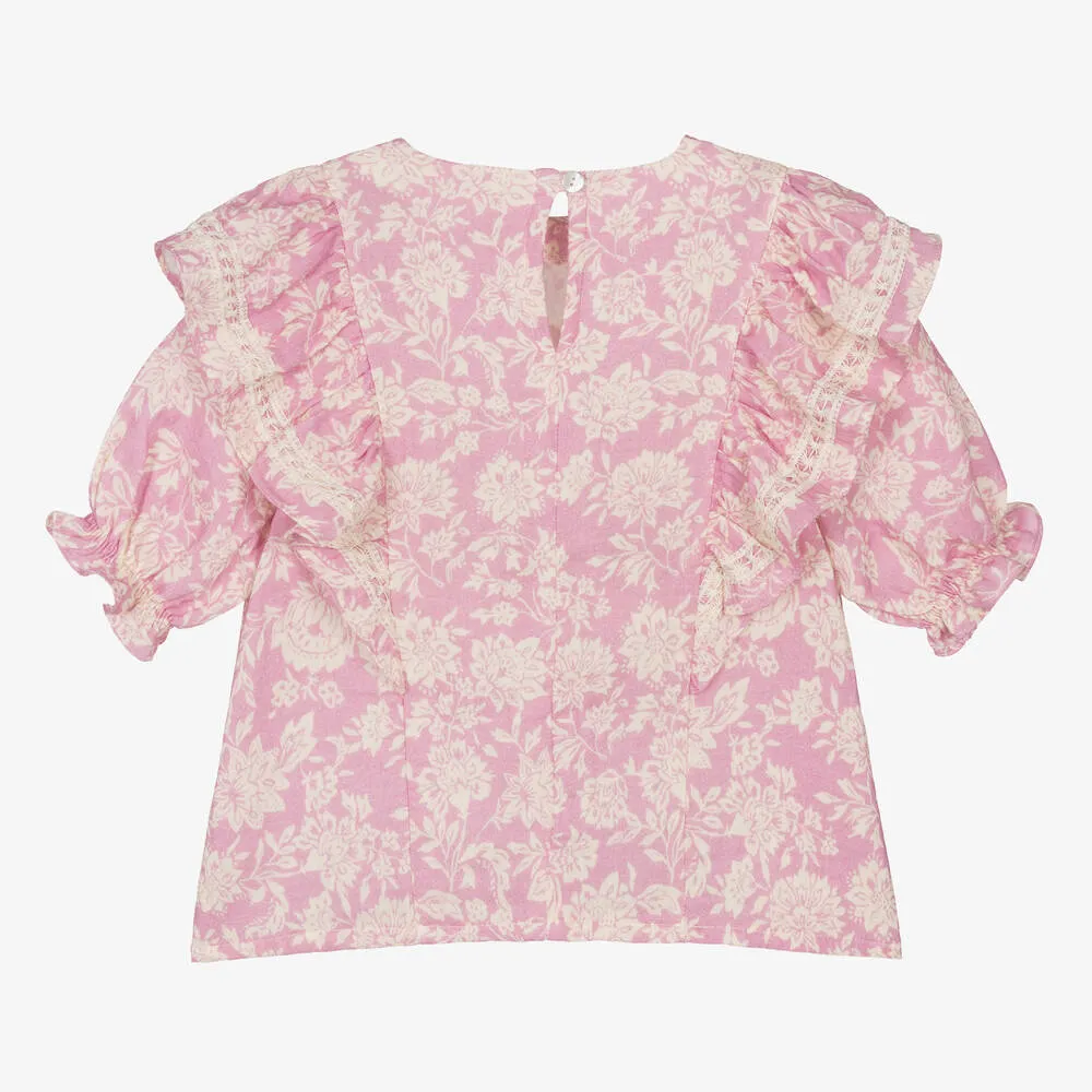 Girls Purple Floral Muslin Ruffle Blouse