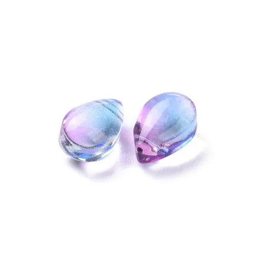 Glass Beads, Teardrop, Transparent, Top-Drilled, Two-Tone, Blue, Purple, 9mm