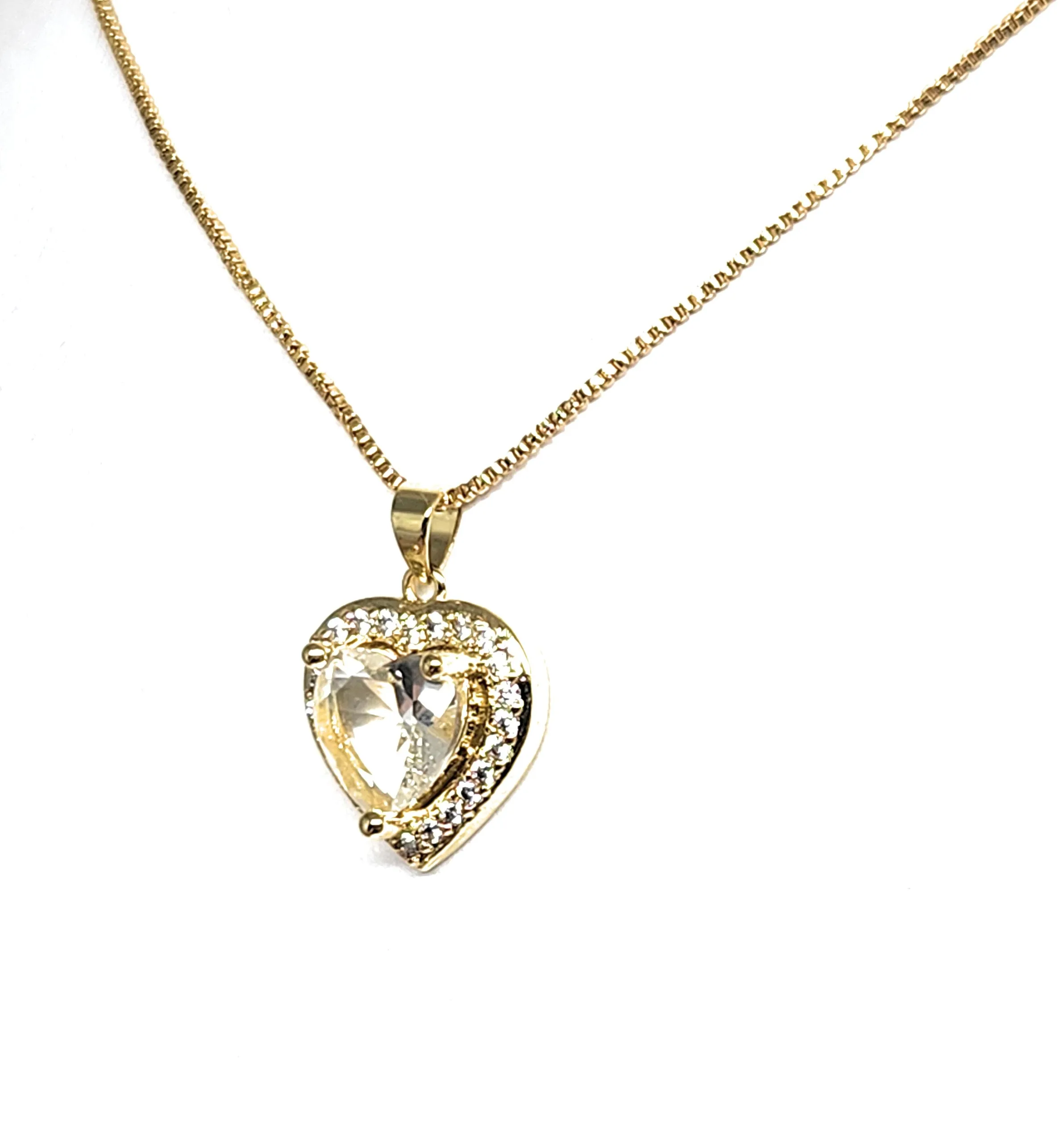 Gold Plated Layered Heart Cubic Zirconia Pendant Necklace Chain 18” (WHITE, RED, GREEN, BLACK, DARK BLUE)