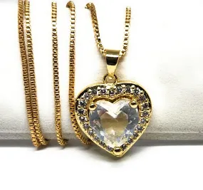 Gold Plated Layered Heart Cubic Zirconia Pendant Necklace Chain 18” (WHITE, RED, GREEN, BLACK, DARK BLUE)