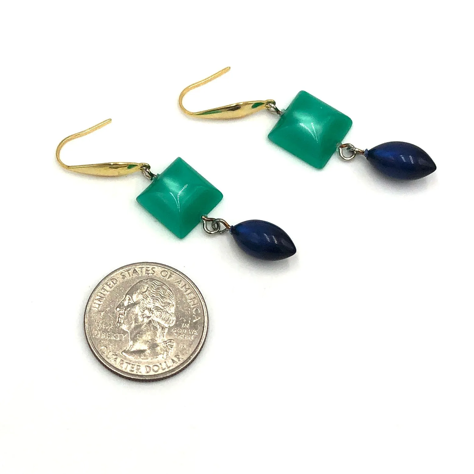 Green Square and Dark Blue Moonglow Statement Earrings