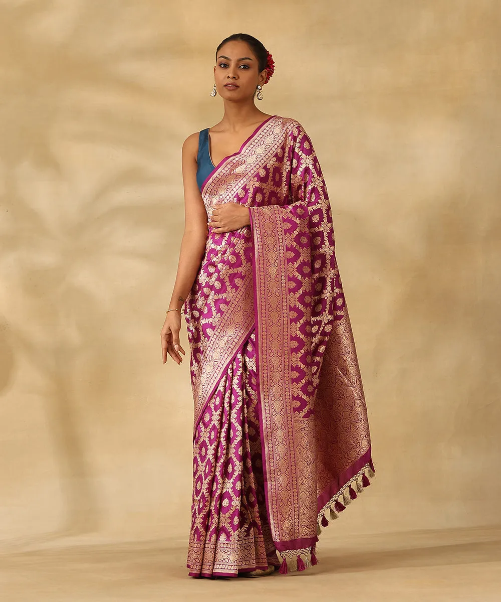 Handloom Purple Pure Katan Silk Banarasi Saree With Champagne Gold Zari Cutwork Floral Jaal