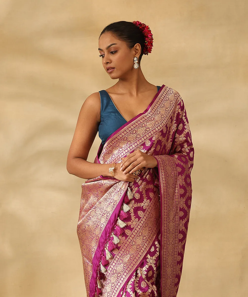 Handloom Purple Pure Katan Silk Banarasi Saree With Champagne Gold Zari Cutwork Floral Jaal