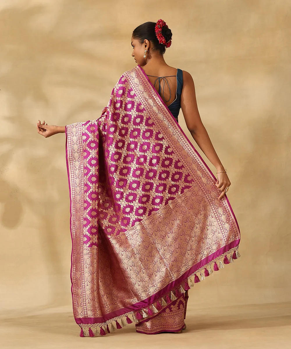 Handloom Purple Pure Katan Silk Banarasi Saree With Champagne Gold Zari Cutwork Floral Jaal