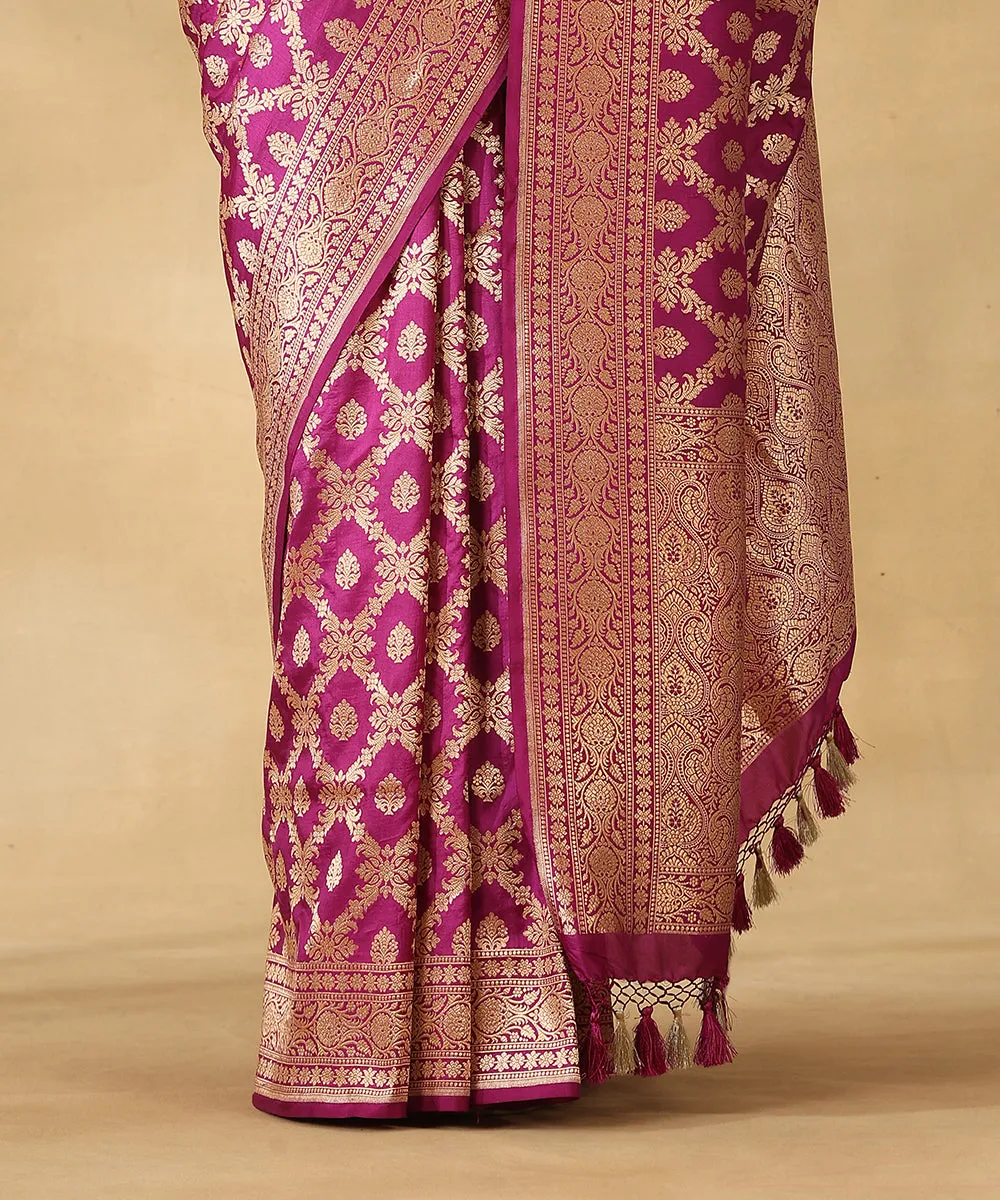 Handloom Purple Pure Katan Silk Banarasi Saree With Champagne Gold Zari Cutwork Floral Jaal