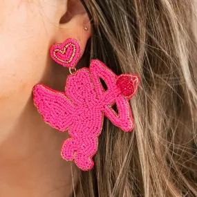 Heart Post Beaded Cupid Earrings with Heart Arrow in Fuchsia Pink