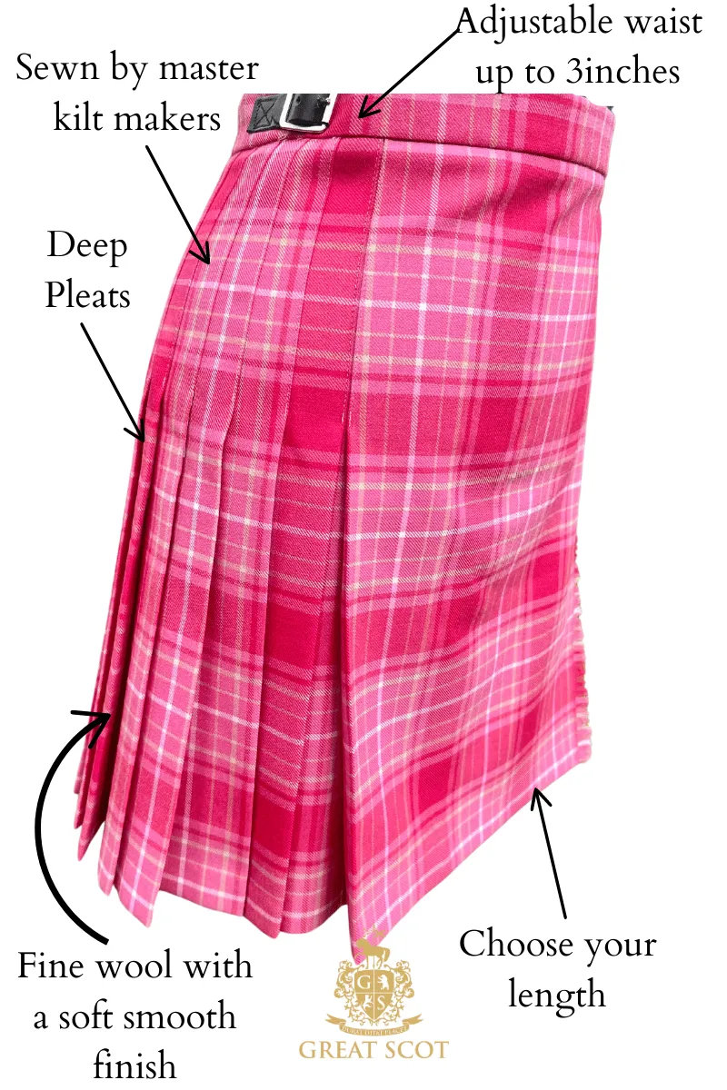 Hostess Kilt, Short Lengths (Curaidh - The Official Pink Ribbon Tartan)