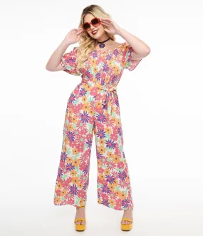 Hot Pink & Purple Floral Flutter Sleeve Jumpsuit