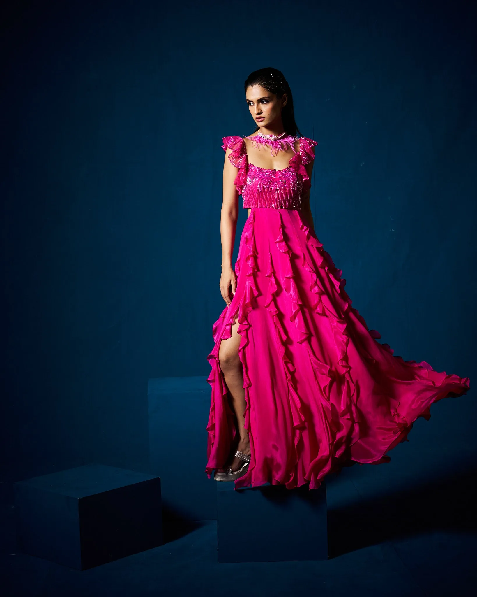 Karla ruffle gown - Fuchsia pink