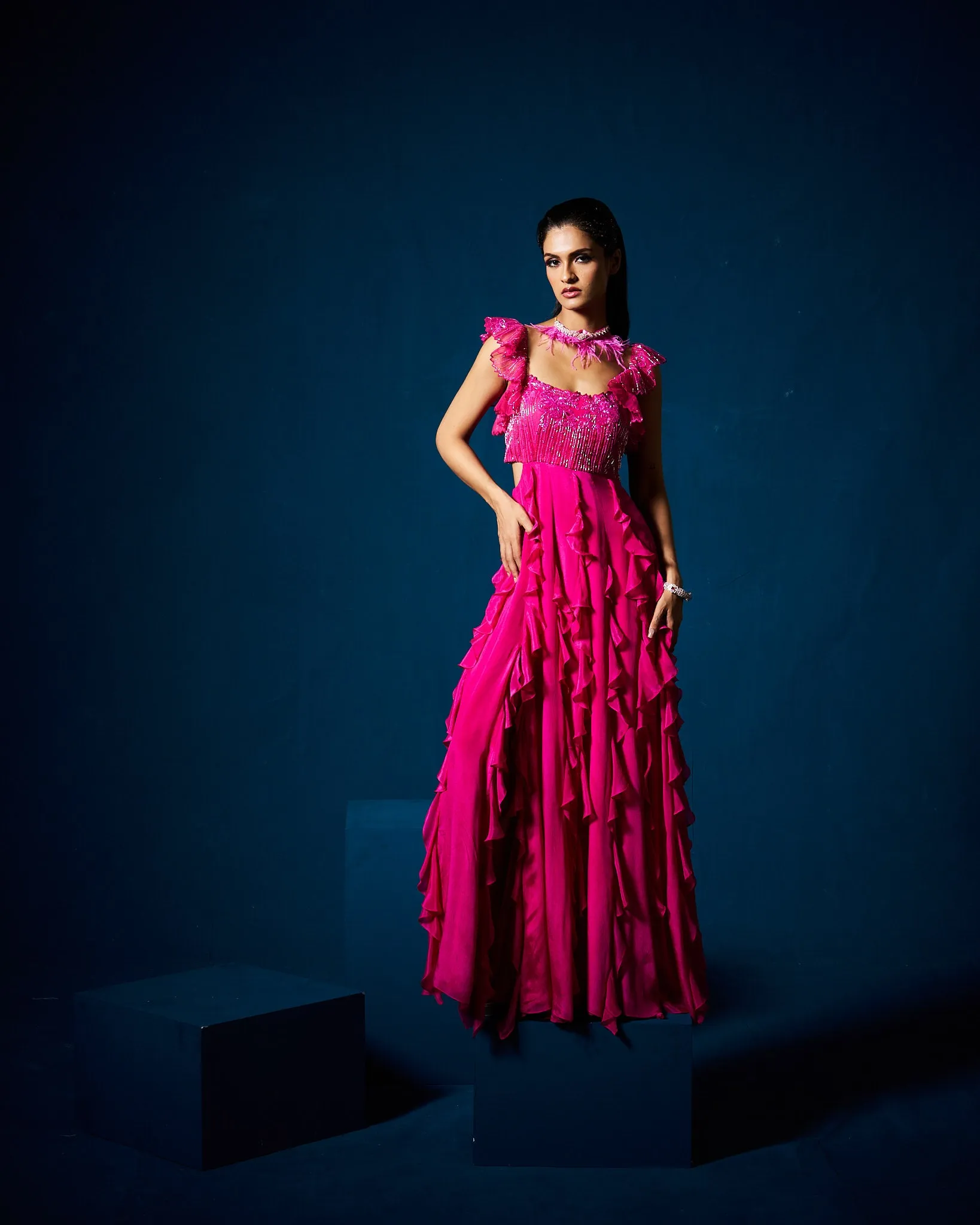 Karla ruffle gown - Fuchsia pink