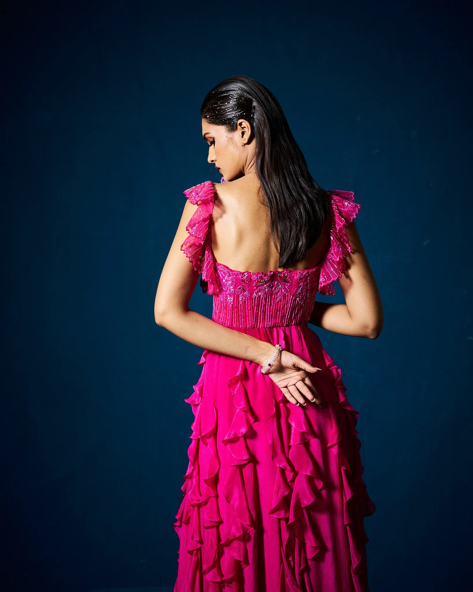 Karla ruffle gown - Fuchsia pink