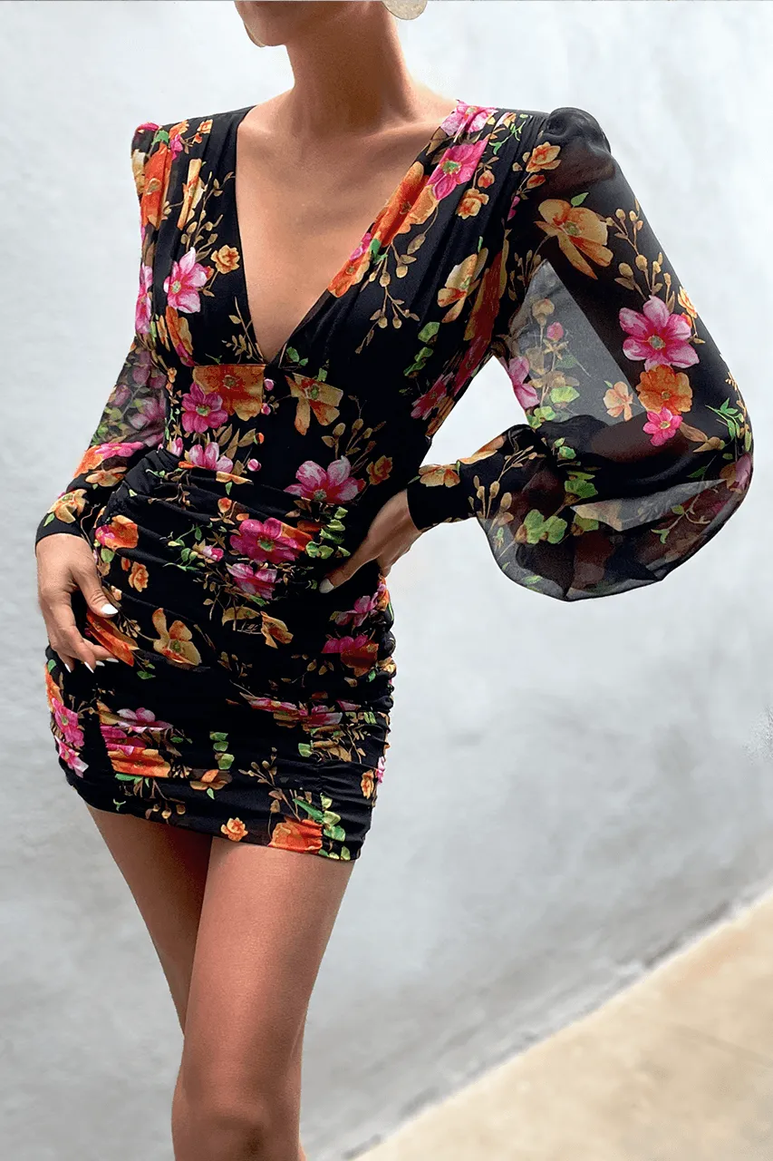 Kim Mini Dress - Black Floral