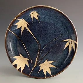 Large Round Plate in Dark Blue Glaze with Grass