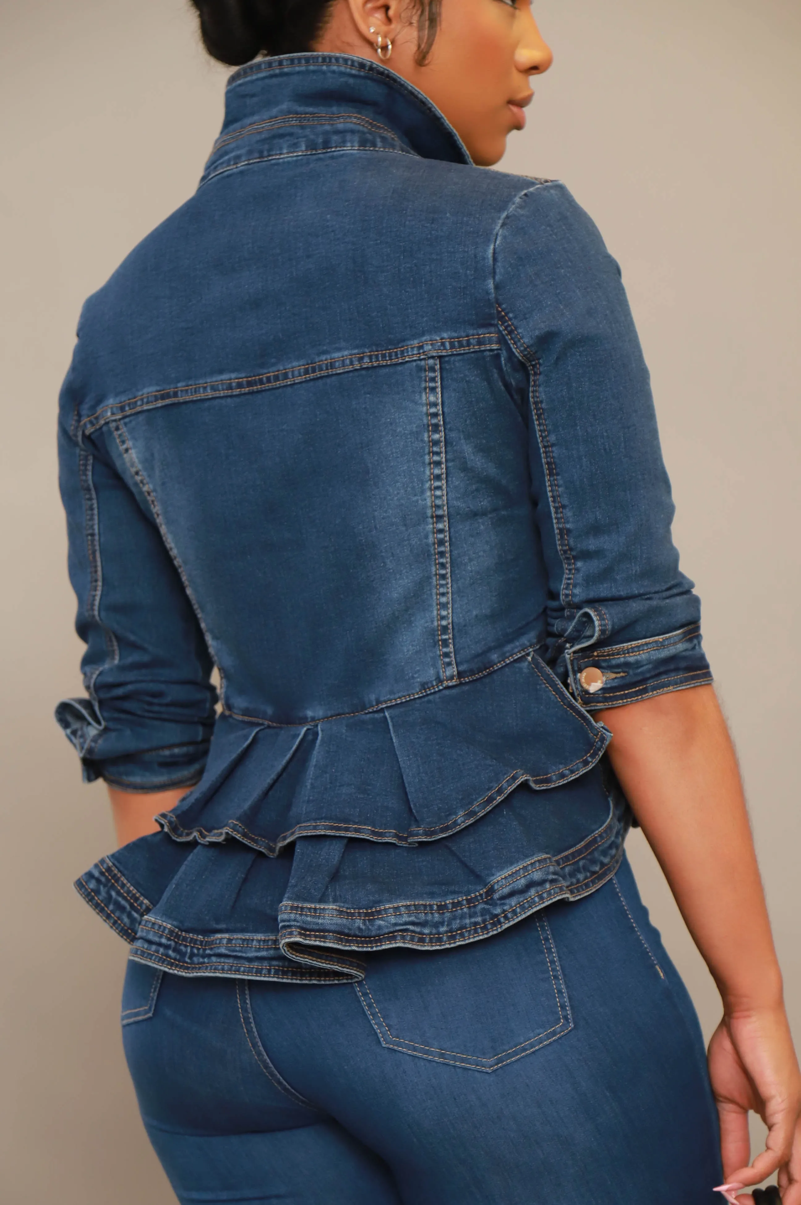 Let You Go Peplum Denim Jacket - Mid Wash