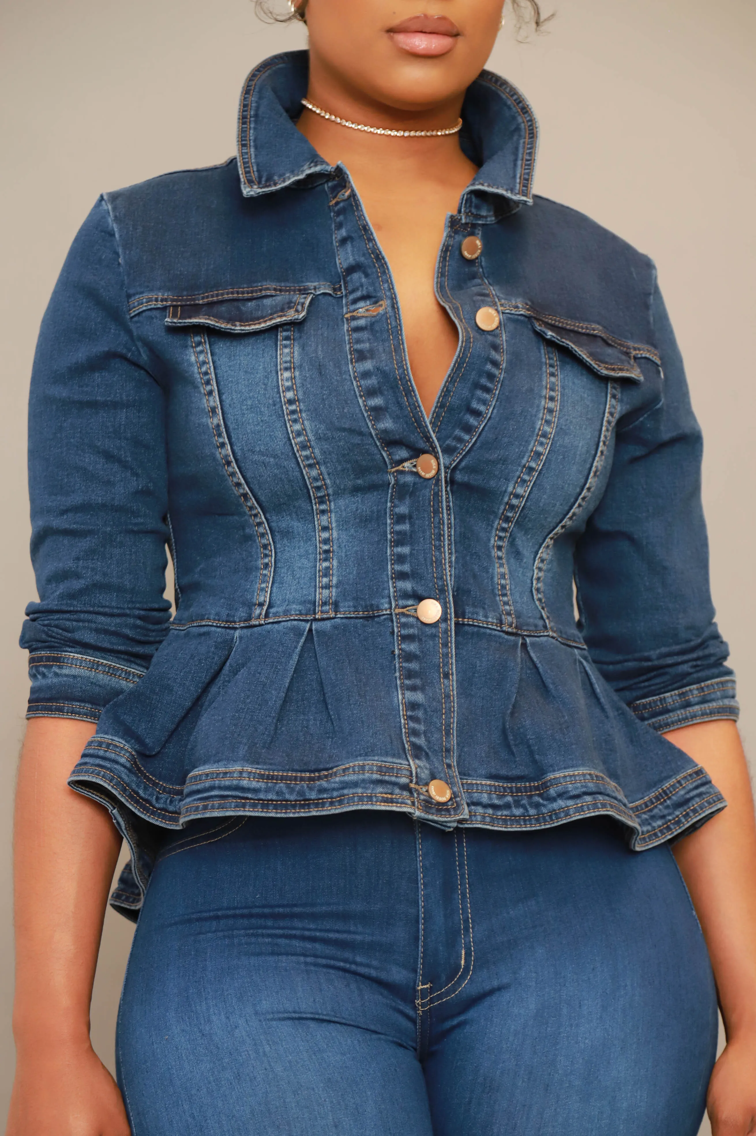 Let You Go Peplum Denim Jacket - Mid Wash