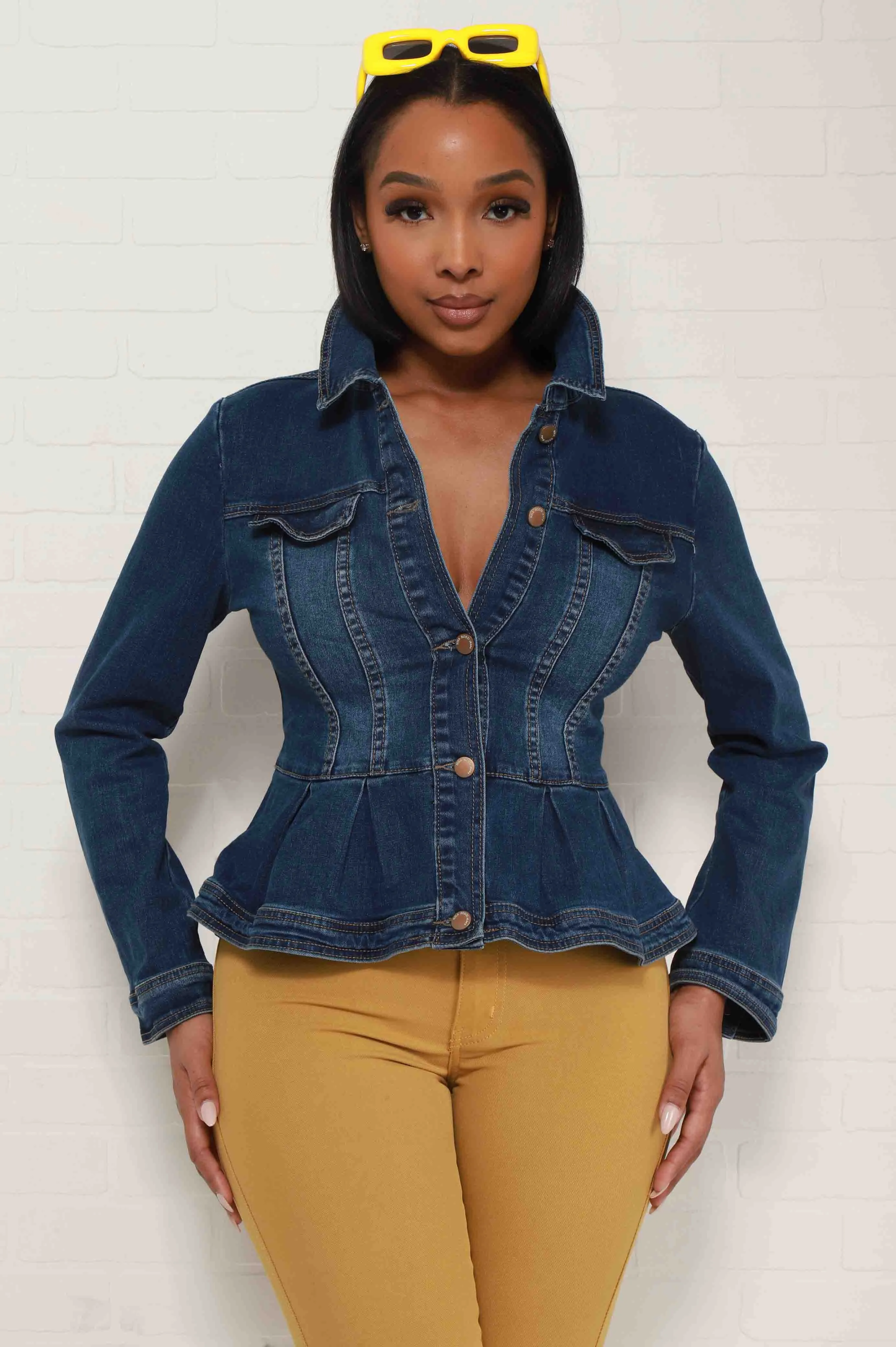 Let You Go Peplum Denim Jacket - Mid Wash