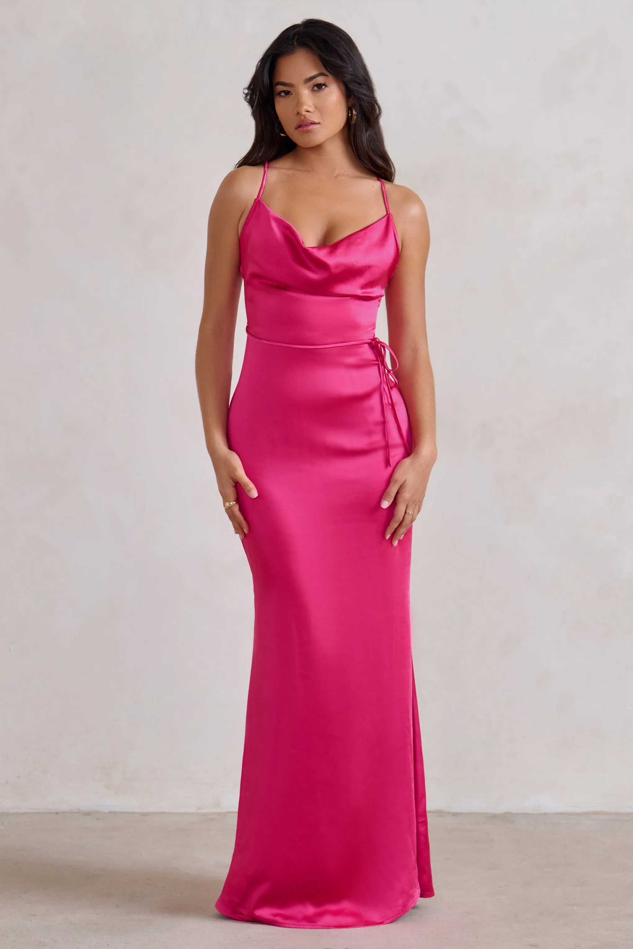 Lifetime | Fuchsia Pink Satin Cowl Neck Maxi Dress With Cross Back Detail