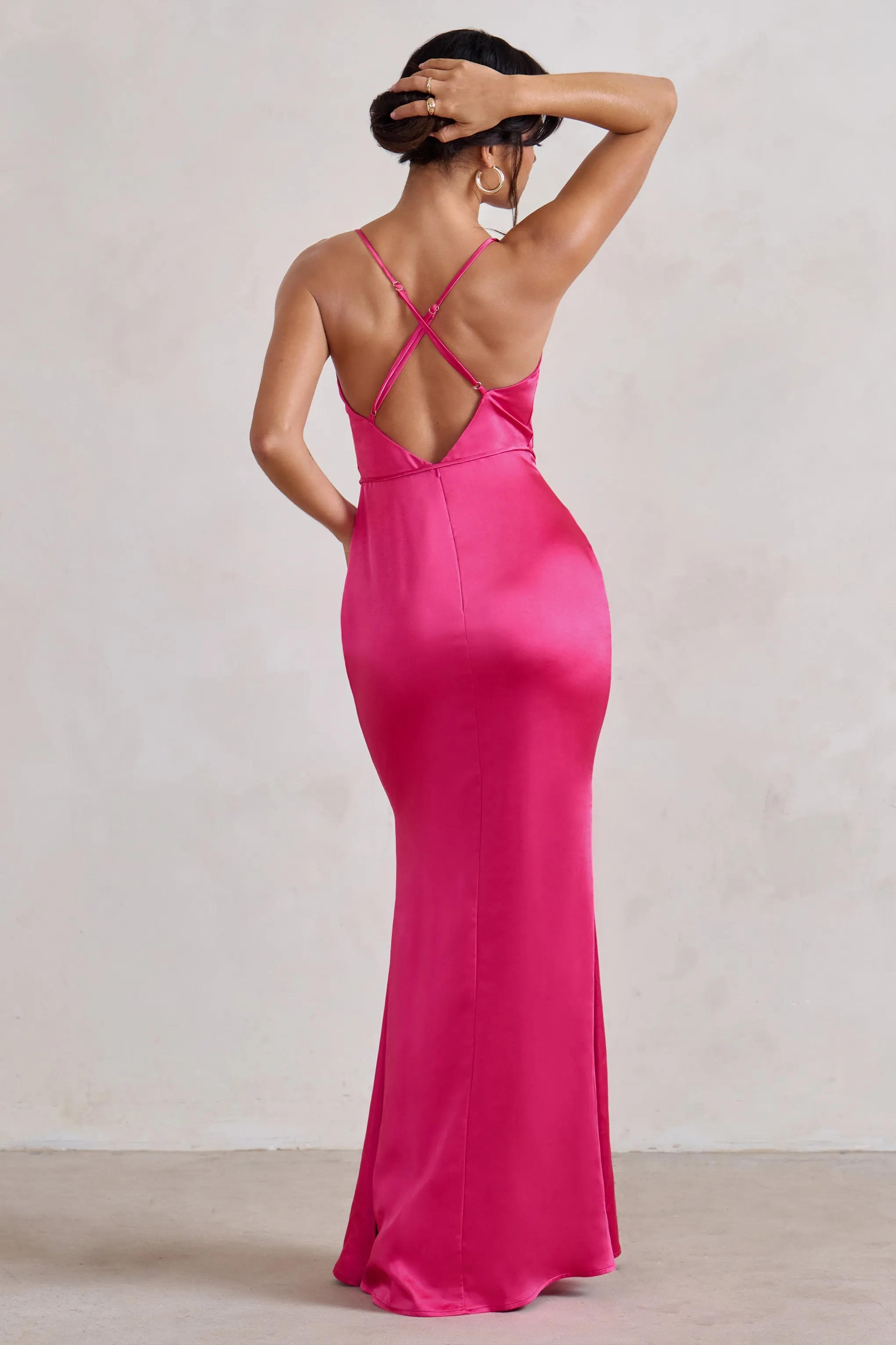 Lifetime | Fuchsia Pink Satin Cowl Neck Maxi Dress With Cross Back Detail