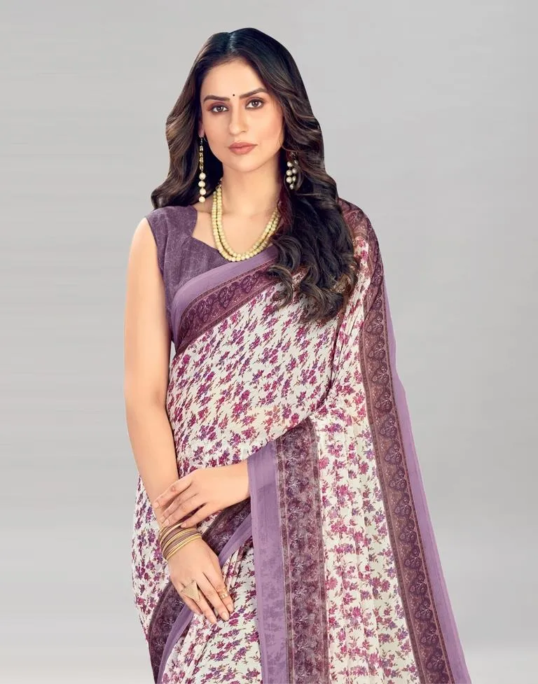 Light Purple Coloured Chiffon Floral Printed Casual saree