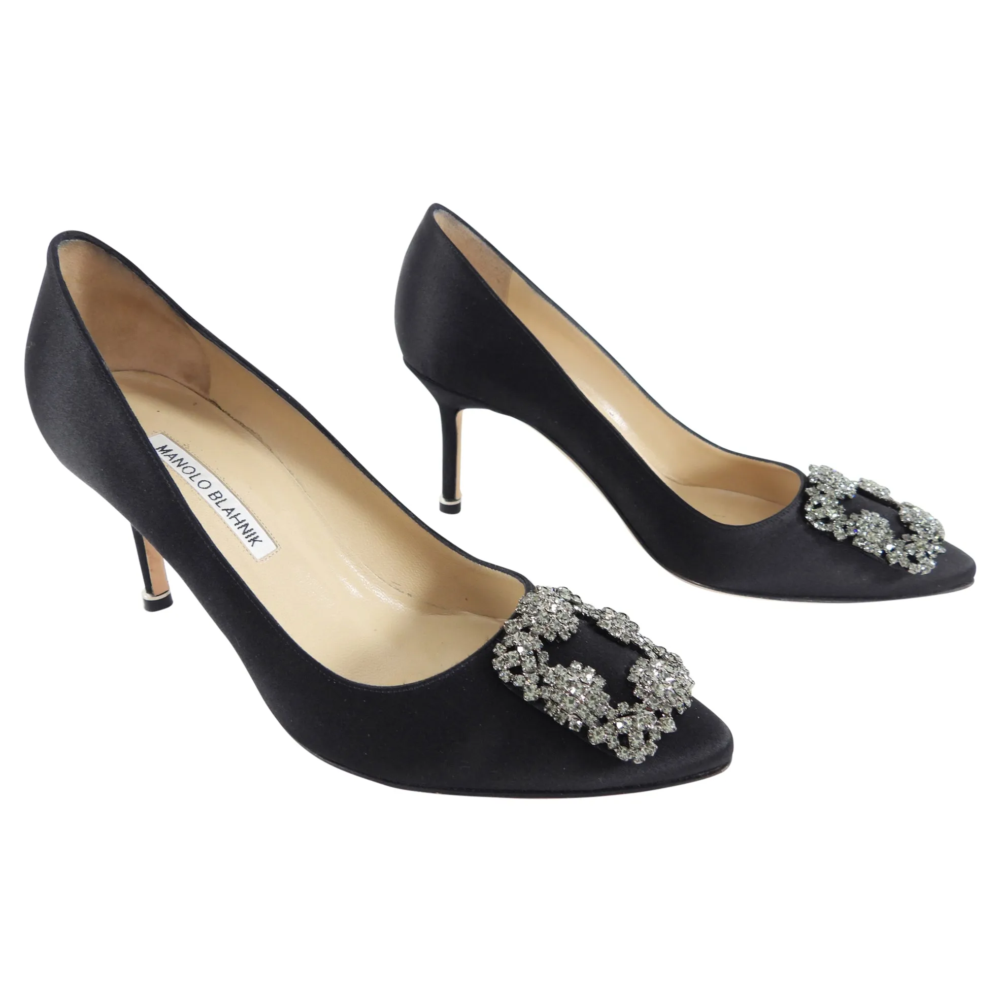 Manolo Blahnik Black Satin Hangisi Crystal 80mm Pumps - 38