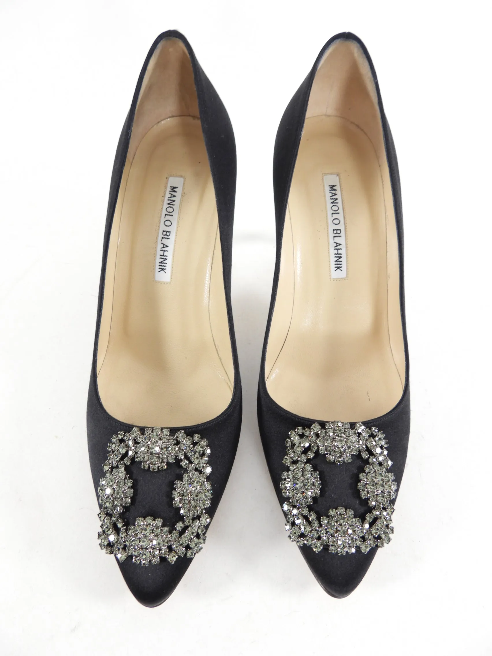 Manolo Blahnik Black Satin Hangisi Crystal 80mm Pumps - 38