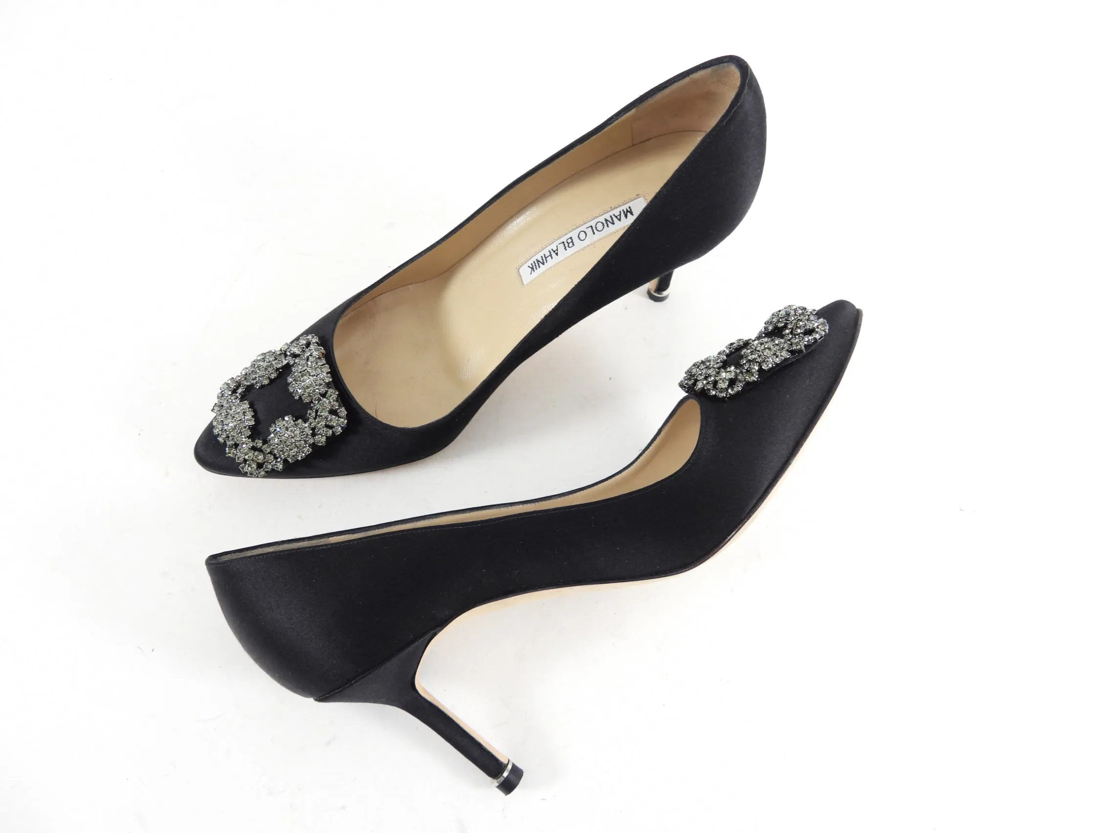 Manolo Blahnik Black Satin Hangisi Crystal 80mm Pumps - 38