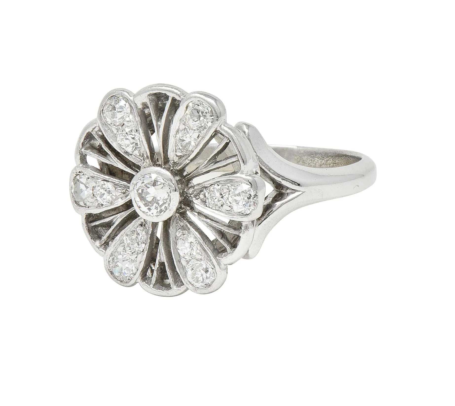 Mid-Century Diamond 14 Karat White Gold Fanning Floral Vintage Dinner Ring