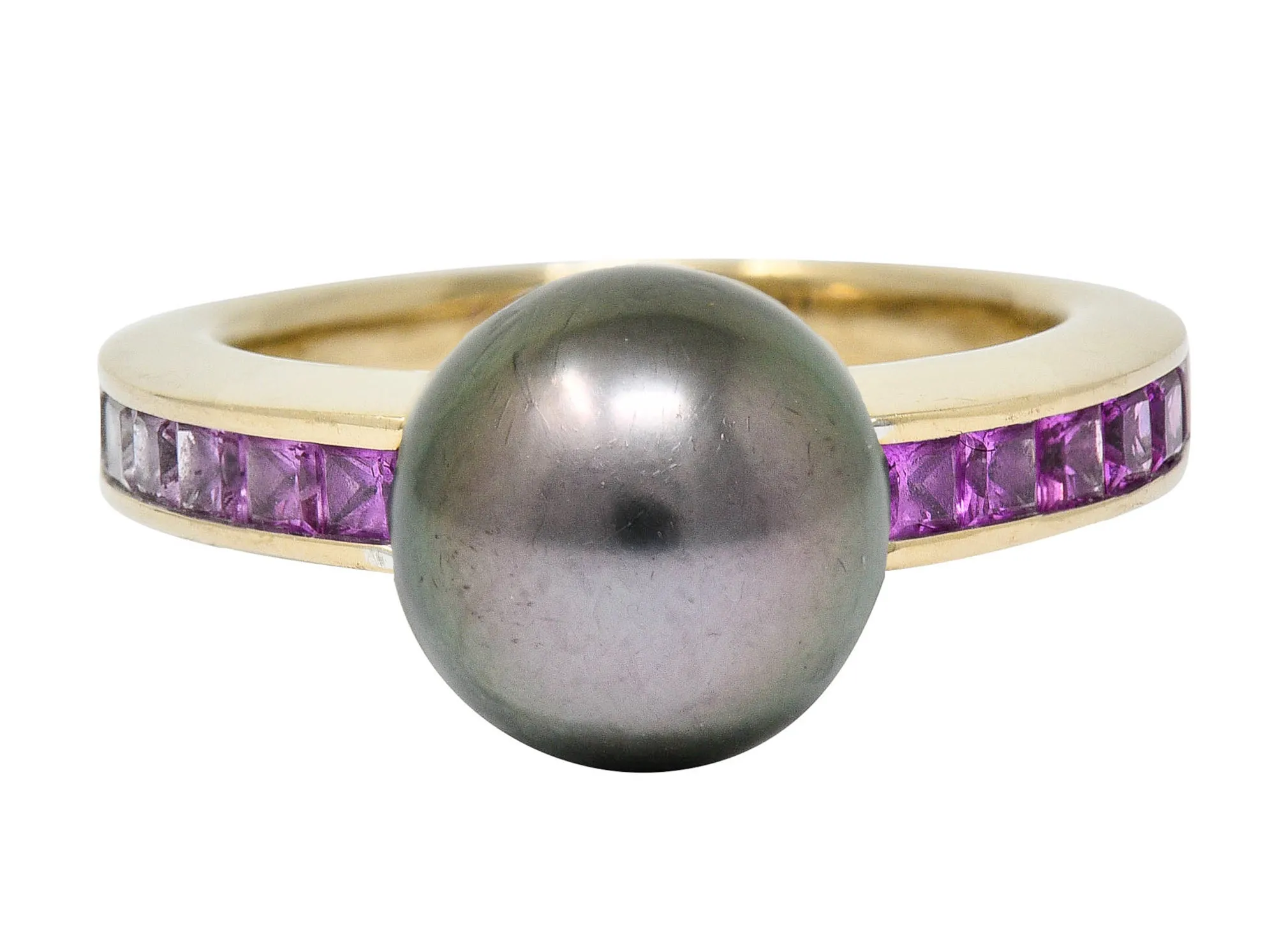 Mikimoto Tahitian Pearl Pink Sapphire 18 Karat White Gold Band Ring