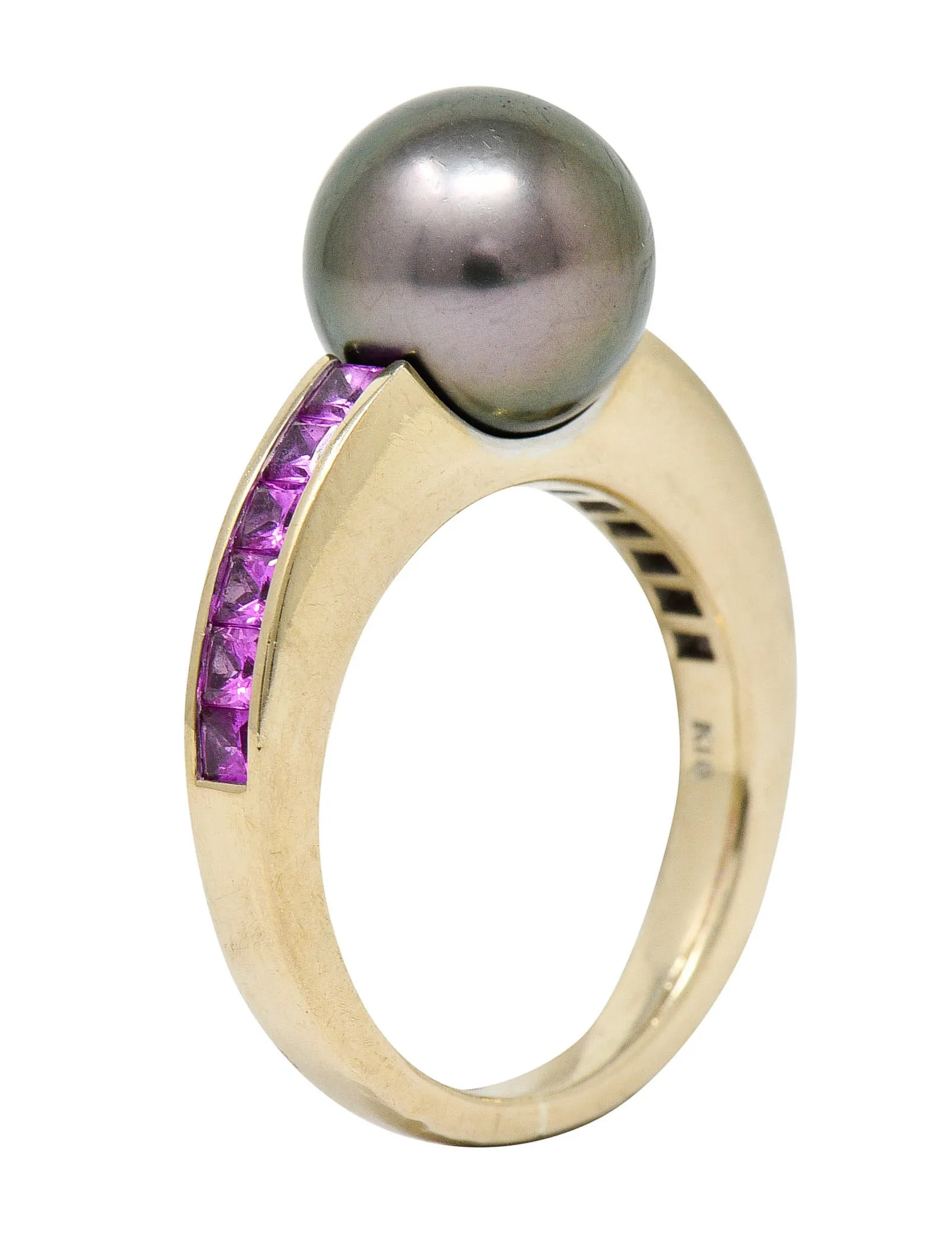 Mikimoto Tahitian Pearl Pink Sapphire 18 Karat White Gold Band Ring