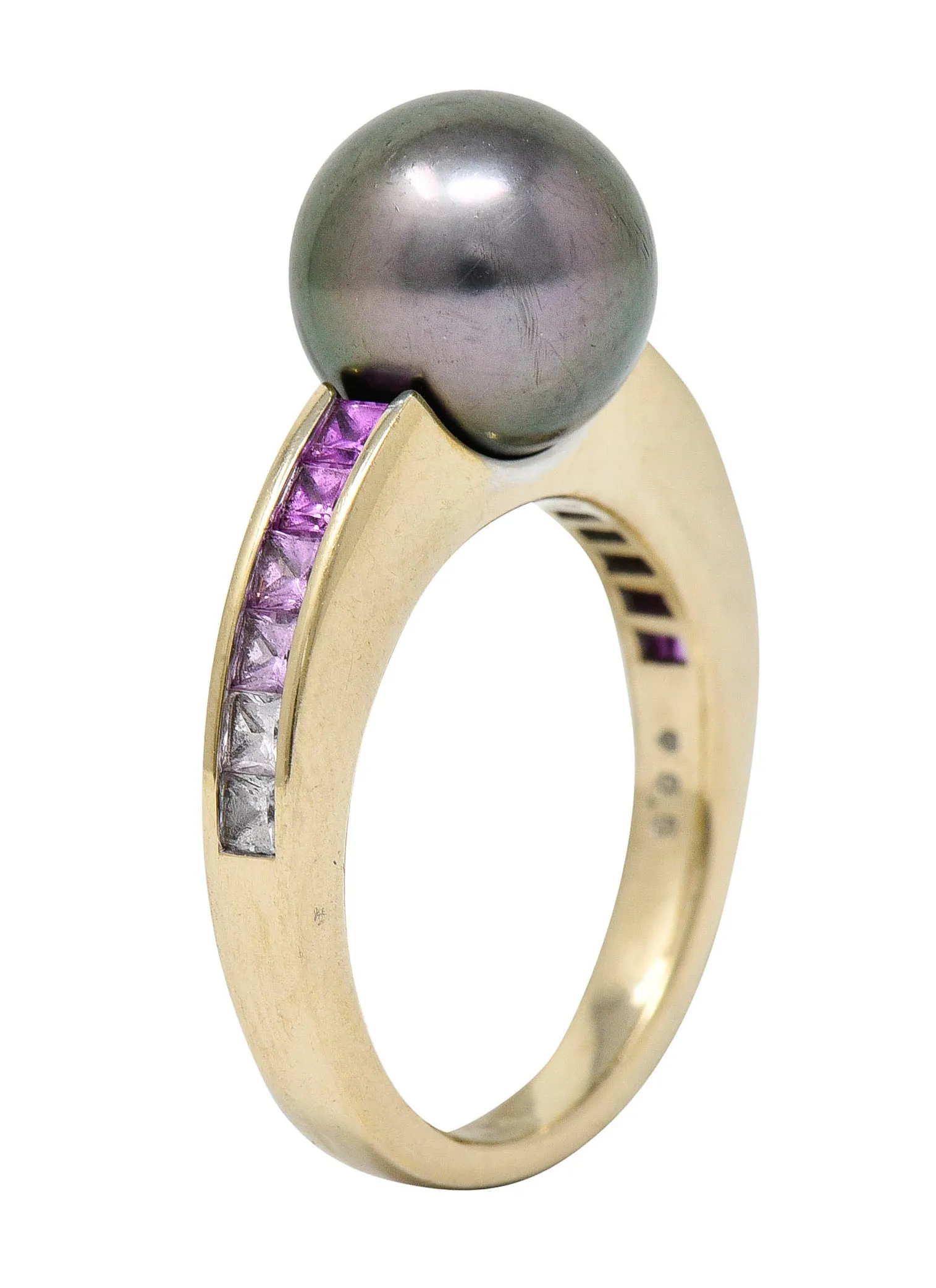 Mikimoto Tahitian Pearl Pink Sapphire 18 Karat White Gold Band Ring