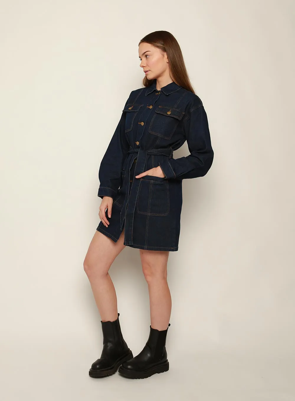 Mindy Long Sleeve Denim Dress-DARK BLUE