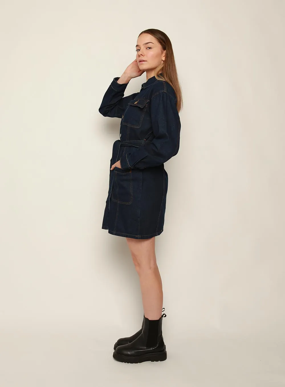 Mindy Long Sleeve Denim Dress-DARK BLUE