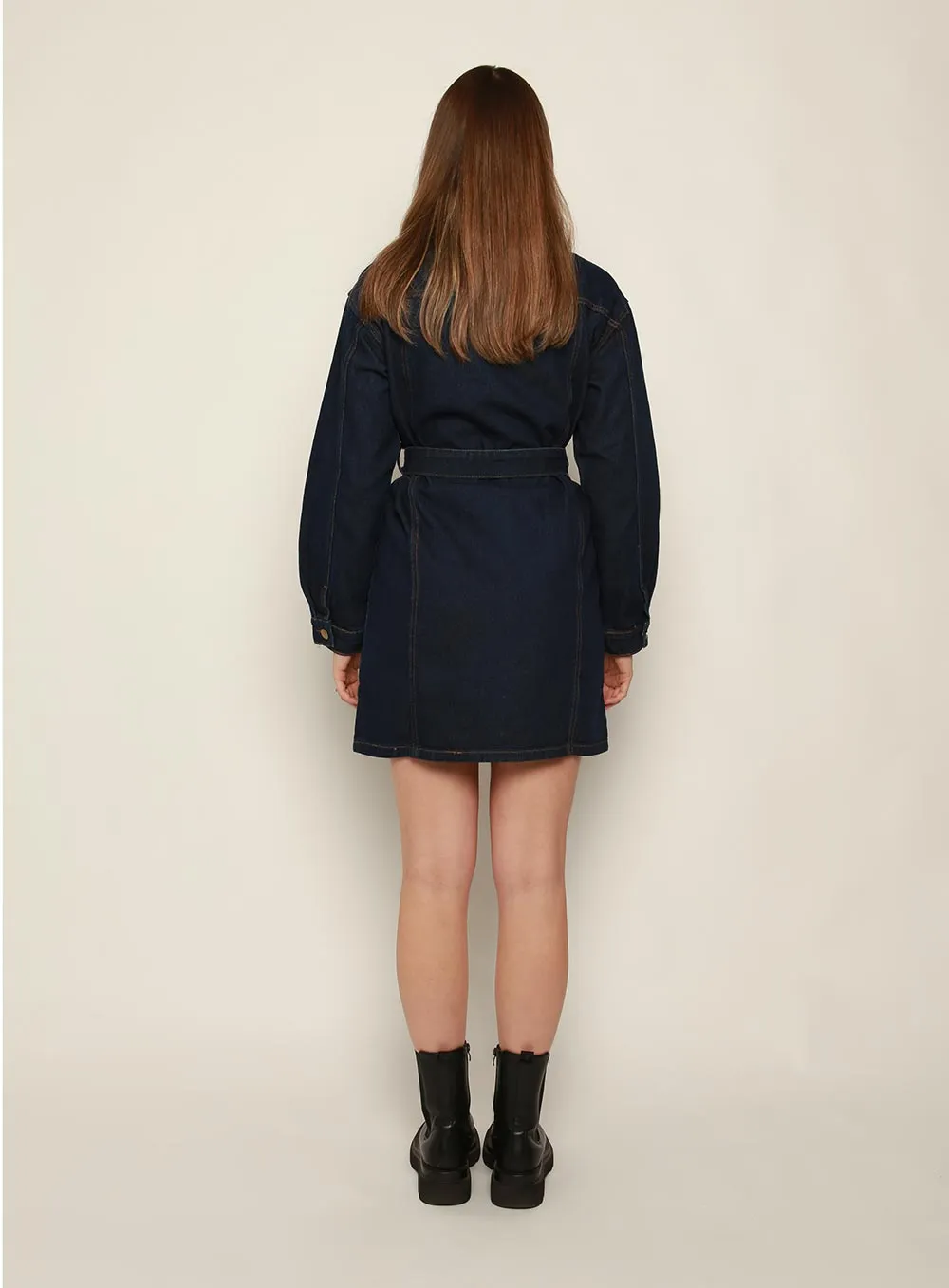 Mindy Long Sleeve Denim Dress-DARK BLUE