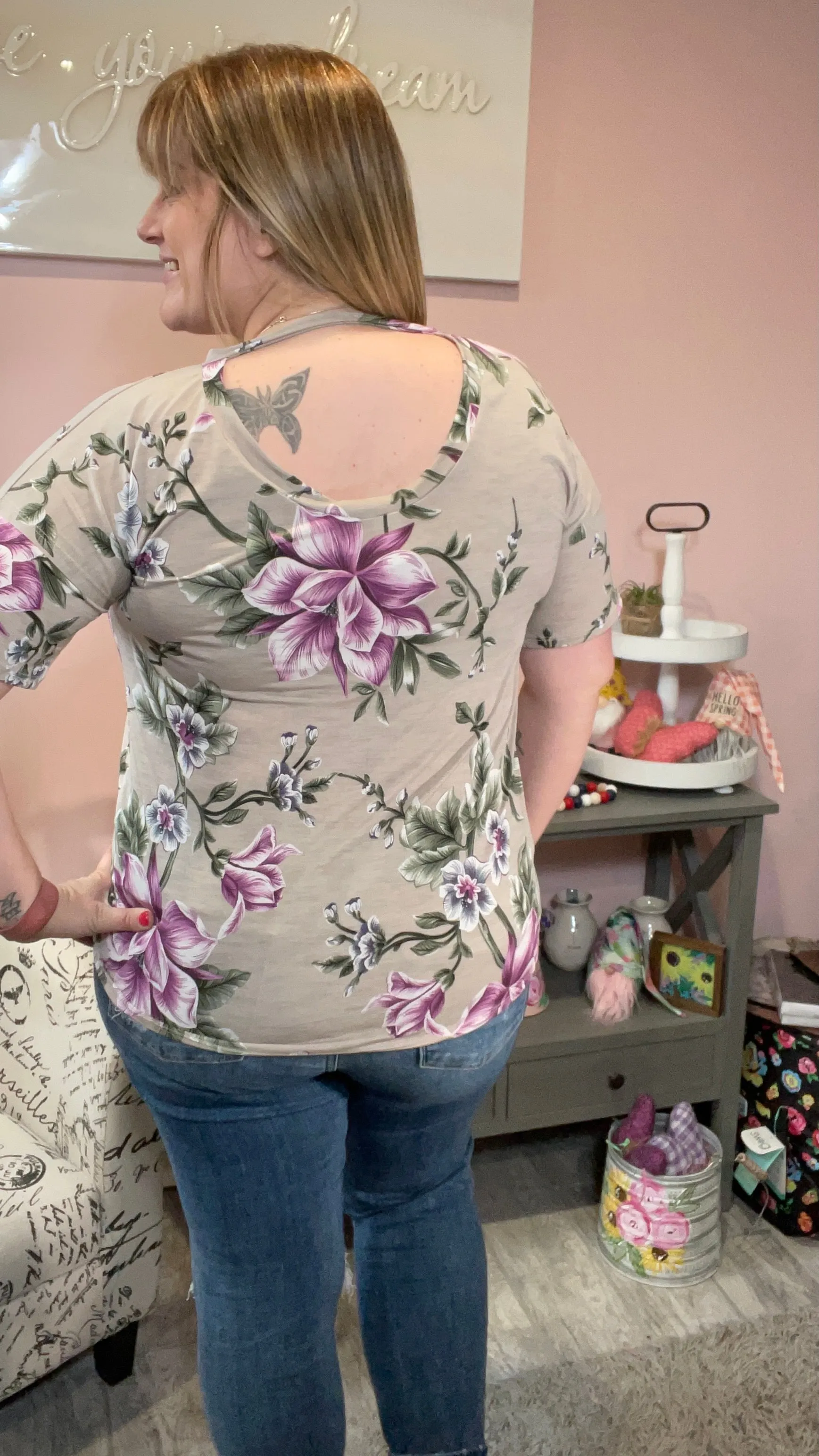 Mocha and Purple Floral Keyhole Top