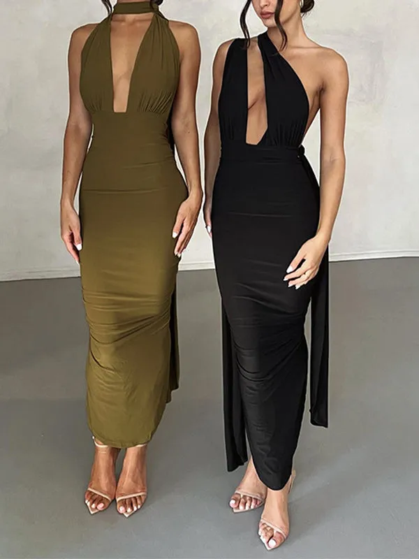 Momnfancy Backless Back Slit Ruched Tie Deep V-neck Fashion Bodycon Baby Shower Photoshoot Maternity Maxi Dress