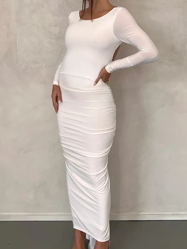 Momnfancy Backless Ruched Long Sleeve Fashion Bodycon Photoshoot Baby Shower Maternity Maxi Dress