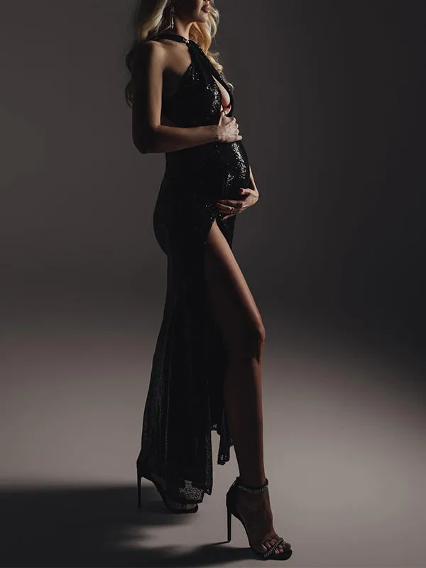 Momnfancy Black Sequin Cut Out High Side Slit Backless Halter Neck Elegant Evening Gown Photoshoot Maternity Maxi Dress