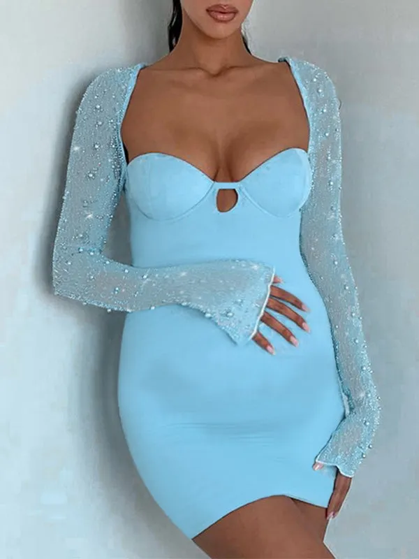 Momnfancy Blue Cut Out Beading Pearl Mesh Sleeve Bodycon Cute Baby Shower Maternity Mini Dress