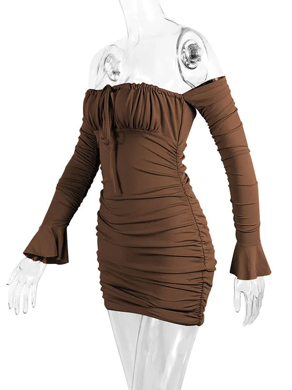 Momnfancy Brown Off Shoulder Ruched Tie Slit Flare Sleeve Bodycon Fashion Bodyocn Party Baby Shower Maternity Mini Dress