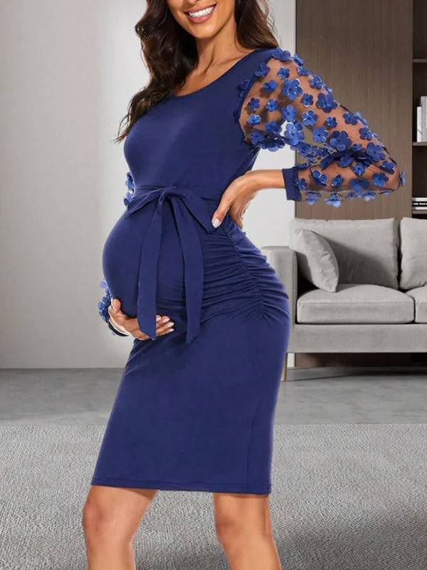 Momnfancy Elegant Dark Blue Belt Flowers Grenadine Transparent Bodycon Ruffle Maternity Babyshower Midi Dress