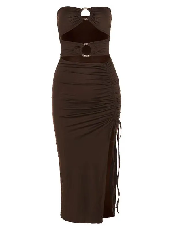 Momnfancy Fashion Brown Thigh High Side Slits Cutout Drawstring Ruffle Bodycon Babyshower Holiday Maternity Maxi Dress