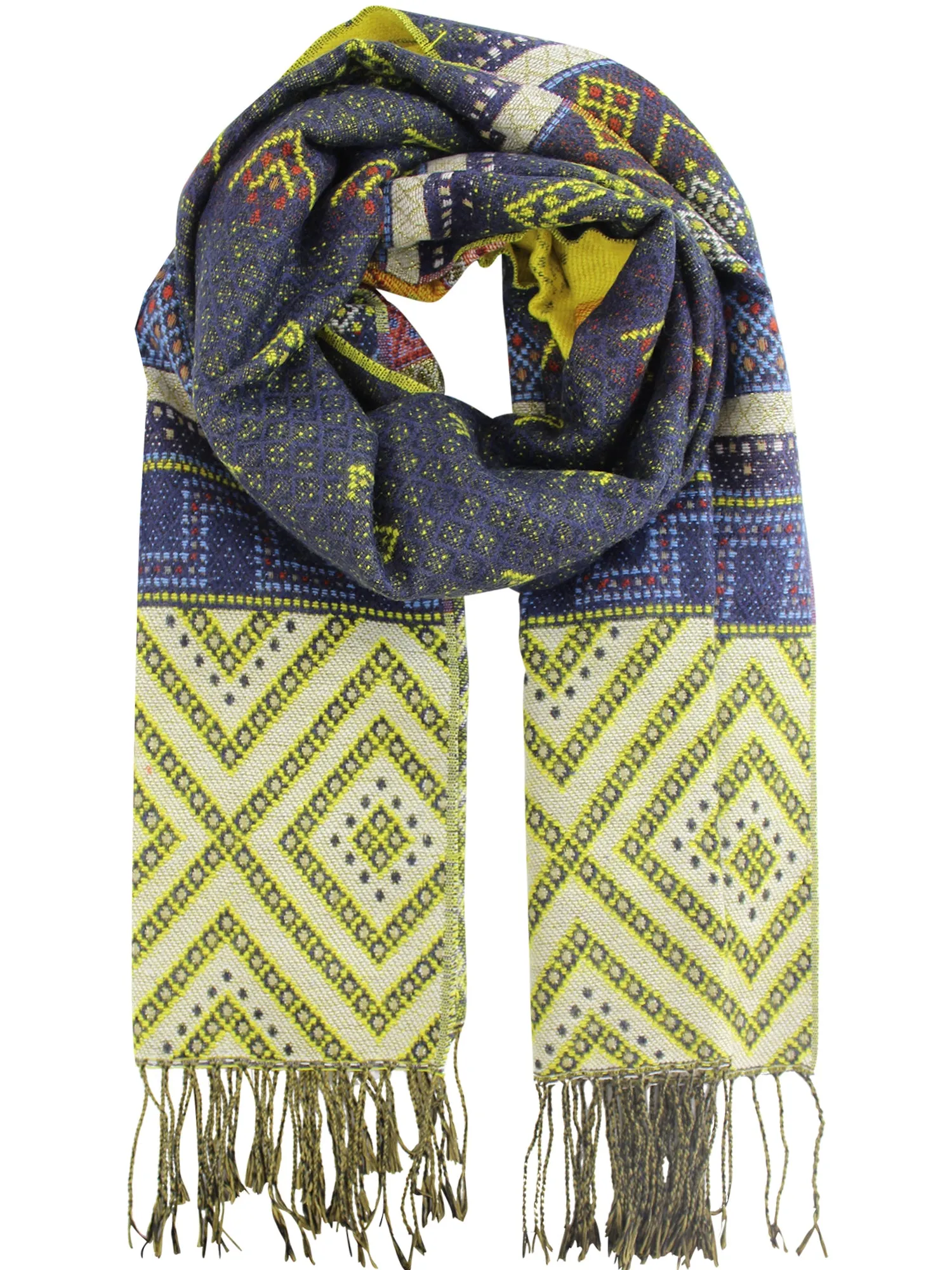 Multicolor Ikat Print Blanket Scarf Wrap With Metallic Trim